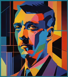 a painting with a photo of a man looking directly at the camera,a painting of a man with colorful squares on the background