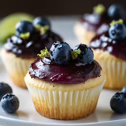 some cupcakes with blueberries and lemon on top