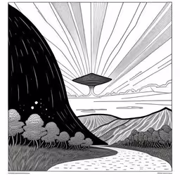 a drawing shows the shape of an object floating over hills,an illustration of a black and white alien in a landscape