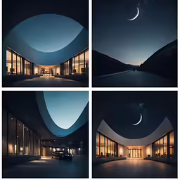 the inside of a house with four windows and stars shining in the sky