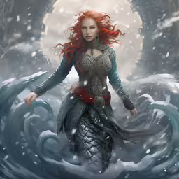 a beautiful red haired woman standing in the middle of water,the red - headed mermaid from the movie brave in a snowy ocean