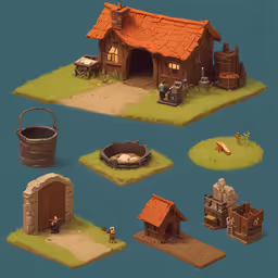 the house has a red roof with a brown roof,a set of small game houses, with animals and farm equipment