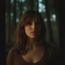 a young woman looks at the camera in a dark forest