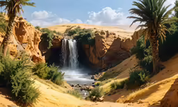 this is a waterfall surrounded by palm trees
