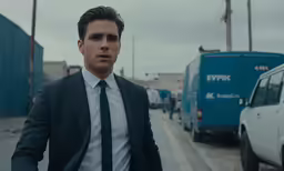 a man in a suit and tie next to a van