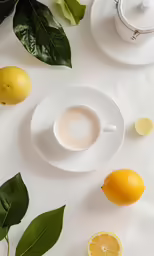 there is a tea cup on the plate and lemons