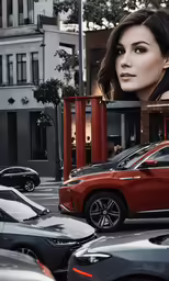 a red car is in the middle of the street