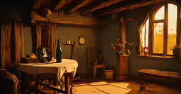 the room has wooden walls, a table with a cloth, a vase and flowers,a table and a bench in a room