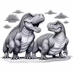an adult dinosaur standing next to a baby,two dinosaurs sitting next to each other on top of a floor