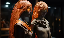 two female mannequins are dressed in clothes that have bright hair