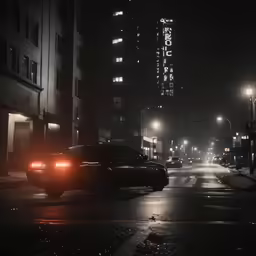 a dark city street with some cars and buildings