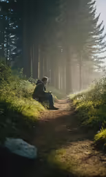 a man is sitting in the middle of a forest