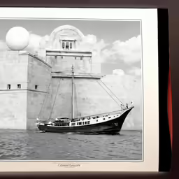 a boat docked in a harbor by an old stone building