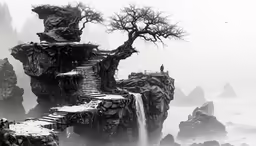 a cliff with a waterfall and a tree