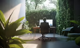 a person sitting in an office looking at a computer screen