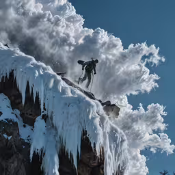 a person on a snowboard on a branch in front of some clouds