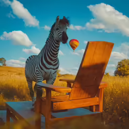 a zebra is standing next to a chair and an orange ball