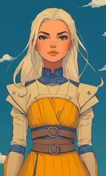 a woman wearing yellow and blue clothes with white hair