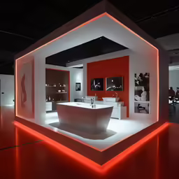 a large white bath tub sitting inside of a red room