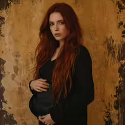 a red haired woman with long, wavy hair stands against an old wall
