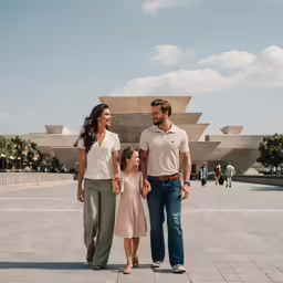 two couples and their daughter walking near the museum