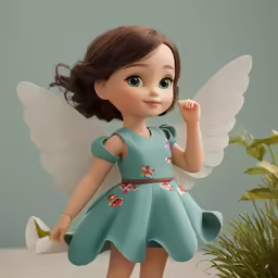a figurine has a blue dress with white wings and flower decorations