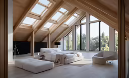 a white room with lots of windows that look like they are in an attic