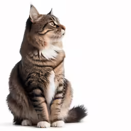 the grey and white cat is looking up at something