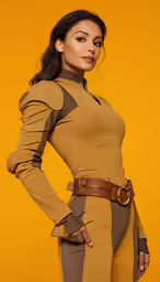 a woman with brown pants and a brown top