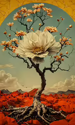 a painting of a flower growing out of a tree branch