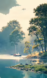 a river is surrounded by trees in the morning