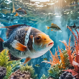 a fish looks up and swims among coral