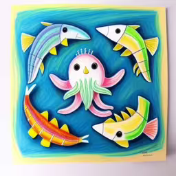 an illustration of fish that appear to be multi colored,an illustration depicting five colorful, stylized, colored fish
