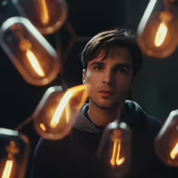 man standing between many glowing light bulbs looking at the camera