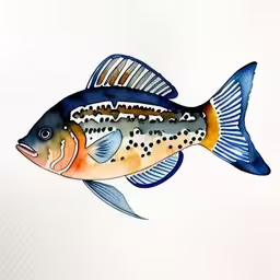 a fish painted with colored pencils and watercolor,a drawing of a blue and orange fish,a fish with blue stripes is shown on a white sheet,a painting of a fish on paper,a fish painting on paper by the sea