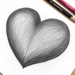 the drawing shows an outline of a heart,pencil drawing of a gray heart on a white sheet,a drawing of a heart that is on paper next to some pencils,a pencil drawing of a heart on paper with pencils,a pencil drawing a heart that is in the middle of it