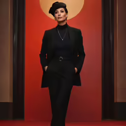 the woman in a suit is standing in front of a red wall