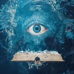 a painting with an eye peering out the center
