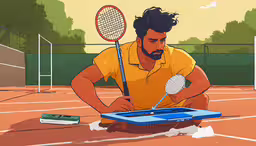 the man is holding a tennis racket in his hands,a man kneeling on top of a tennis court while holding a racket