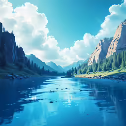 a river near some mountains is clear and blue