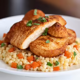 a plate with cooked food items including rice and chicken