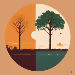 an illustration showing three trees with their trunks growing,two different circular shapes with trees and mountains in the background