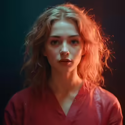 an attractive woman with wavy red hair is posing for the camera