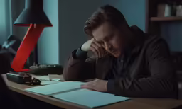 man sitting at desk with note pad on hand with phone nearby