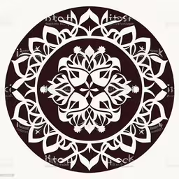 a circle made up of white flowers with ornate leaves,a floral design on black and white royalty photo,a black and white circular pattern with many circles on it,a circular design with white flowers on black background,a circle with leaves and flowers in it royalty