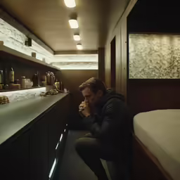 a man is drinking from a mug in a bathroom