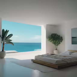 a bedroom with an ocean view can be seen through the open doors