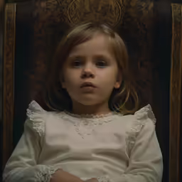 a girl in white sitting in a chair