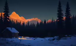 snow covered forest with a small cabin in the foreground
