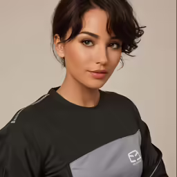 a young woman with curly hair in black and grey top